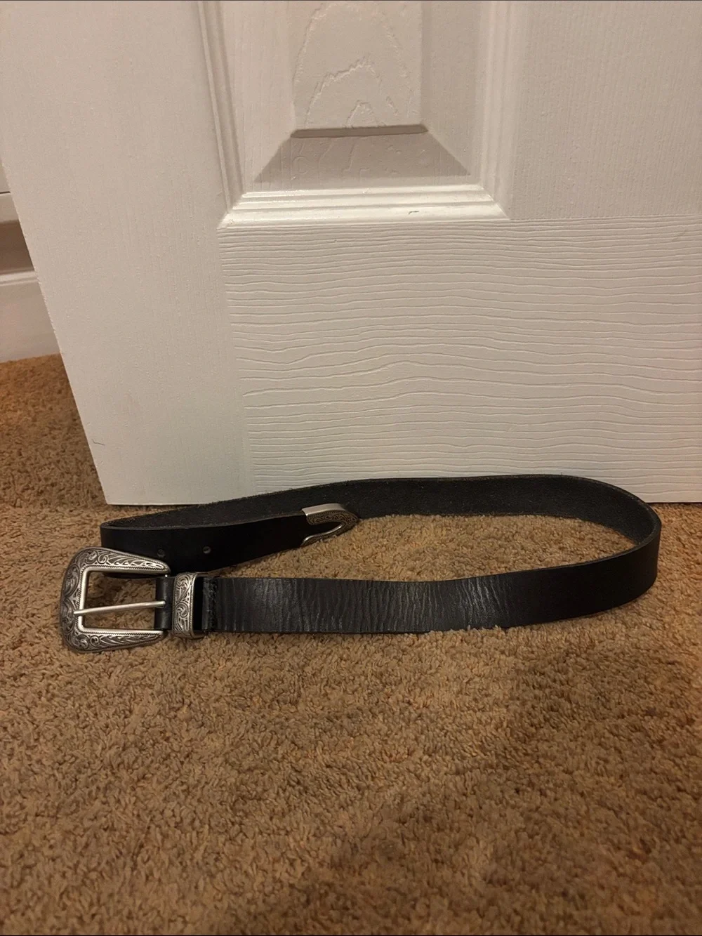 Urban Outfitters Black Leather Belt with Ornate Silver Buckle